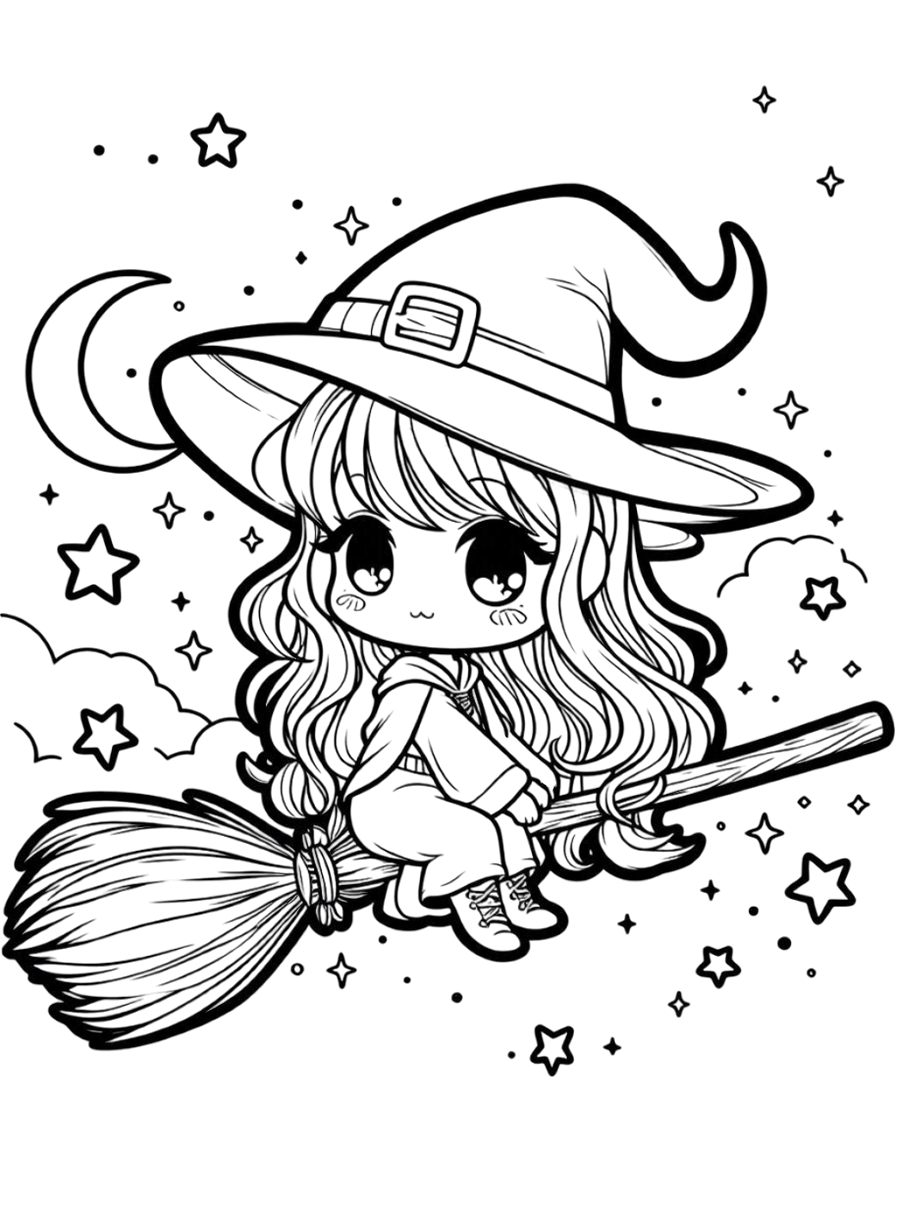 Witch Chibi Coloring Page - Phasity