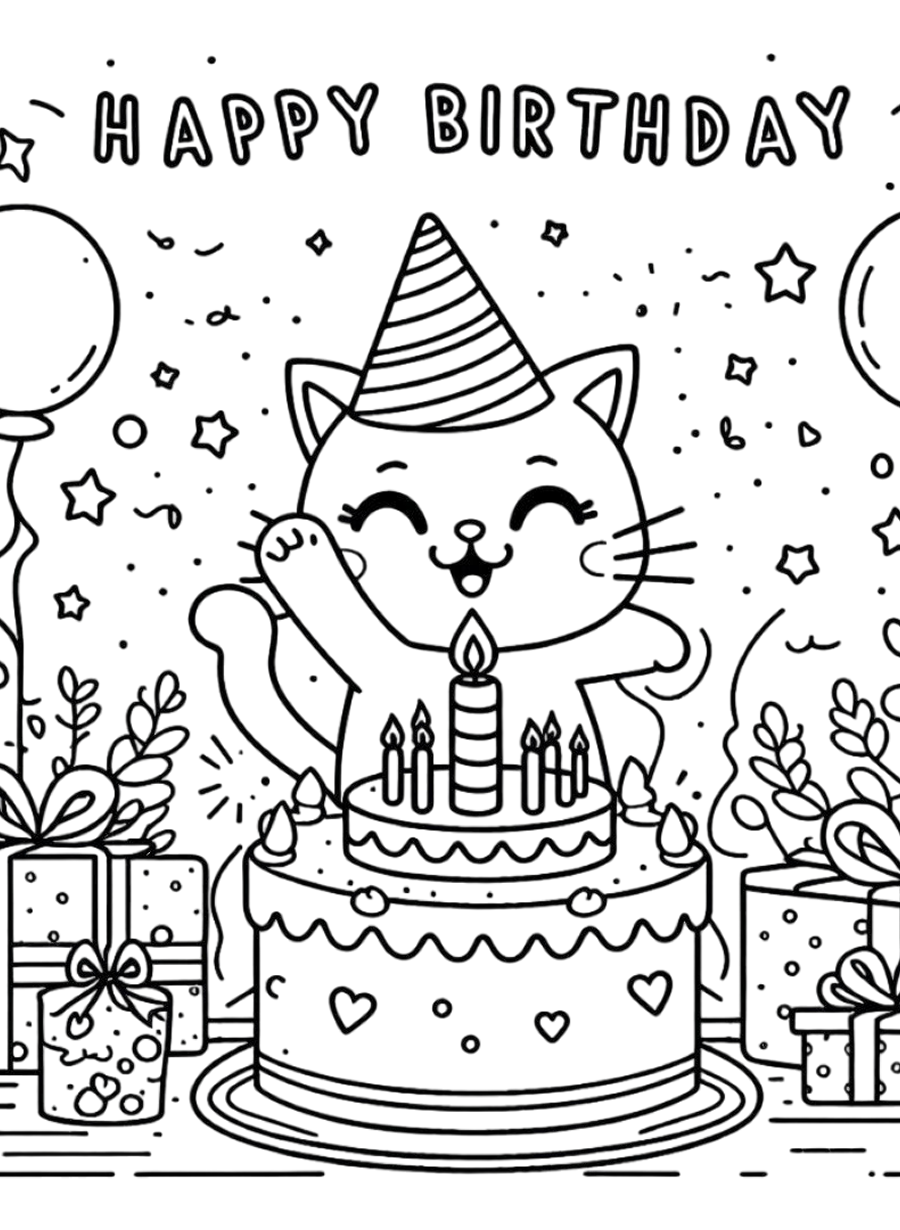 Birthday Cat Coloring Page - Phasity